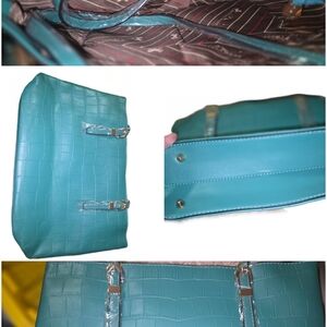 Teal Croc-Embossed Tote Bag with Silver-Tone Hardware